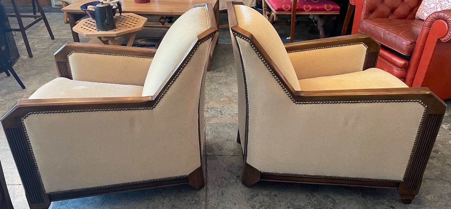 Pair of French Art Deco Walnut Armchairs in Yellow Silk Mohair and Metal Studs In Distressed Condition In Santa Monica, CA