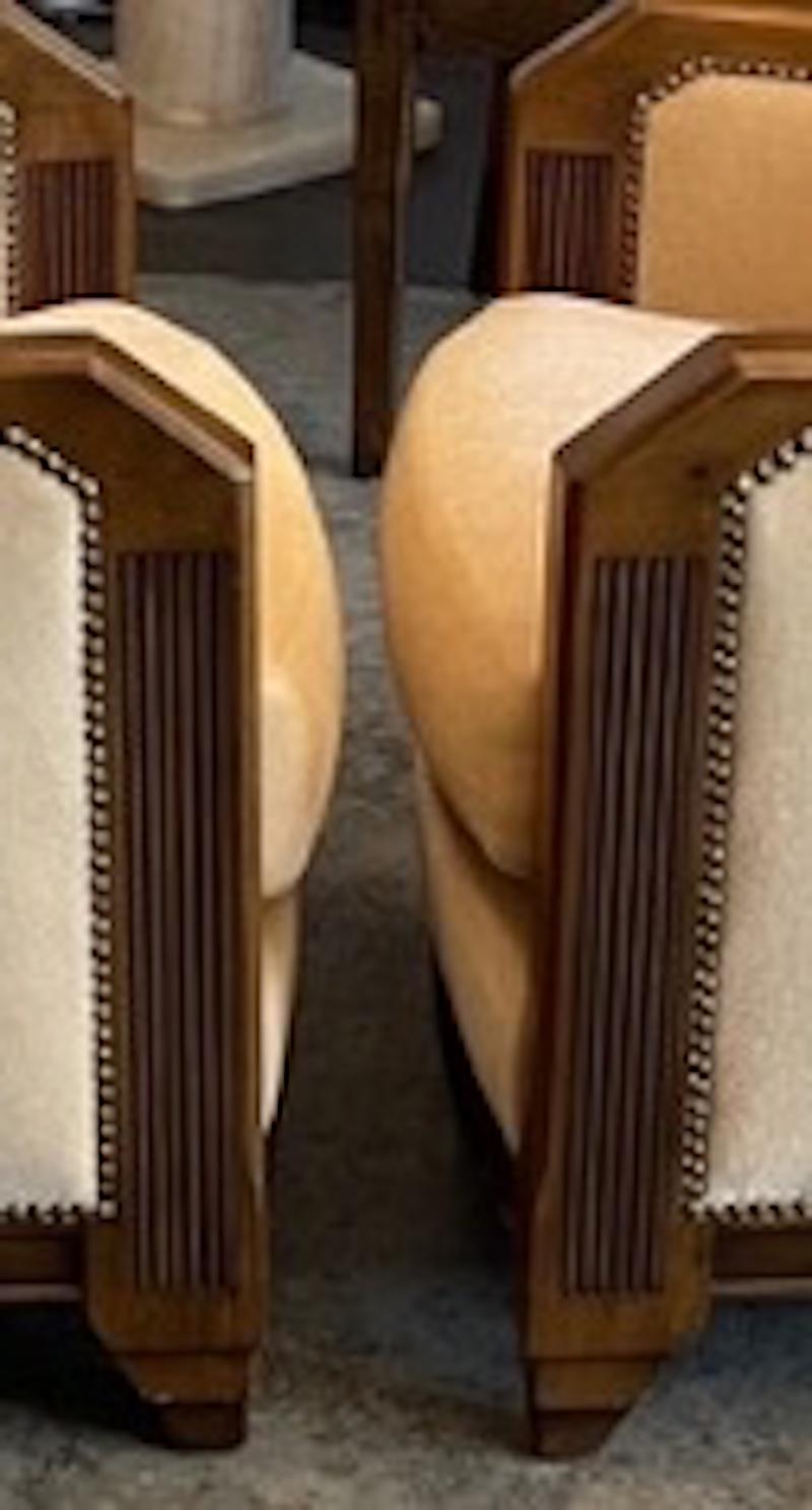 Pair of French Art Deco Walnut Armchairs in Yellow Silk Mohair and Metal Studs 3