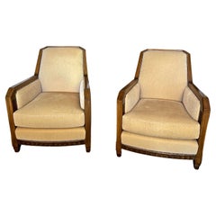 Pair of French Art Deco Walnut Armchairs in Yellow Silk Mohair and Metal Studs