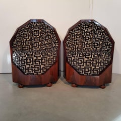 Pair of French Art Deco Walnut Armchairs with 3-D Textile