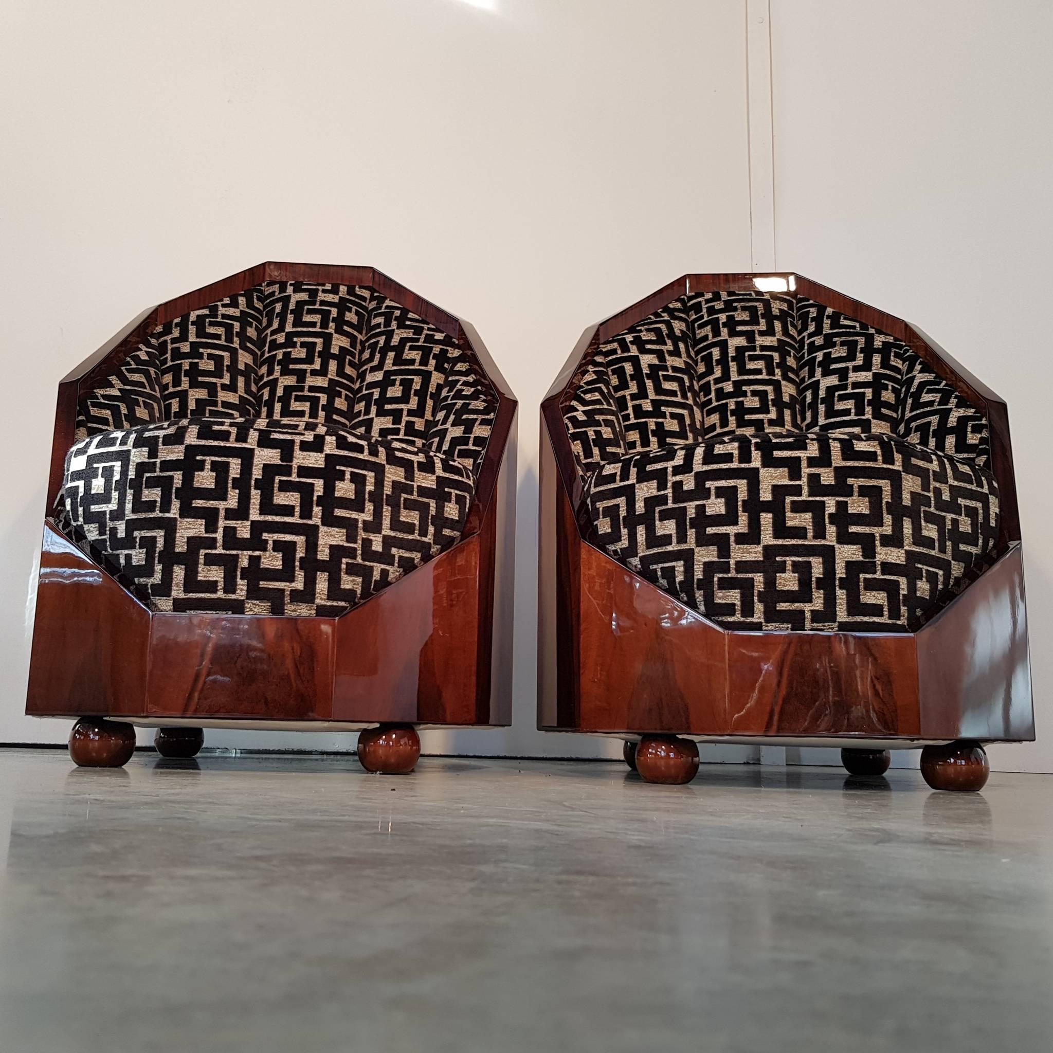 Veneer Pair of French Art Deco Walnut Armchairs with 3-D Textile For Sale