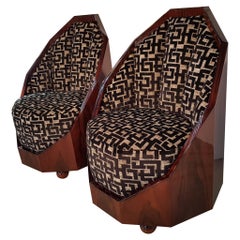 Pair of French Art Deco Walnut Armchairs with 3-D Textile