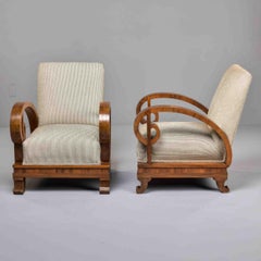 Pair of French Art Deco Walnut Armchairs with Scrolled Open Arms