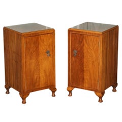 Vintage Pair of French Art Deco Walnut Nightstands Bedside Tables