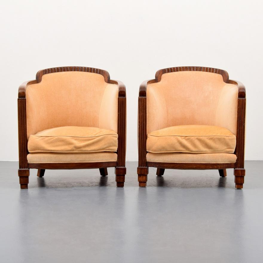Pair of French Art Deco walnut Tub chairs.