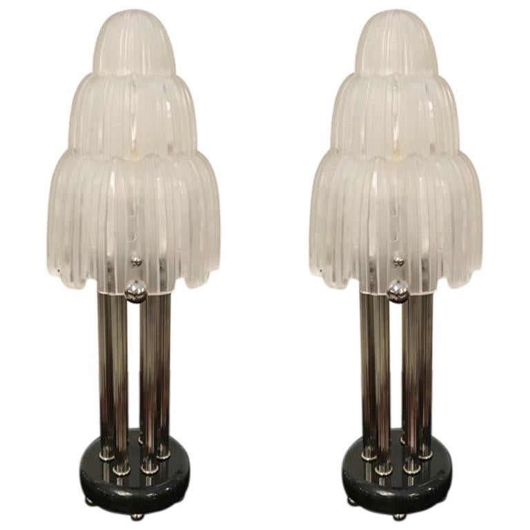 Pair of French Art Deco "Waterfall" Table Lamps Signed by Sabino For Sale