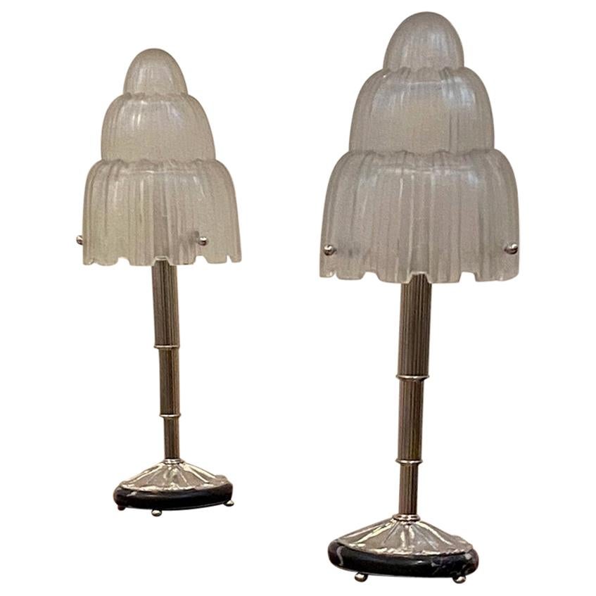 Pair of French Art Deco "Waterfall" Table Lamps Signed by Sabino For Sale