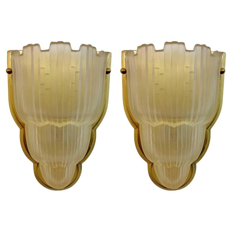 Pair of French Art Deco Waterfall Wall Sconces Signed by Sabino