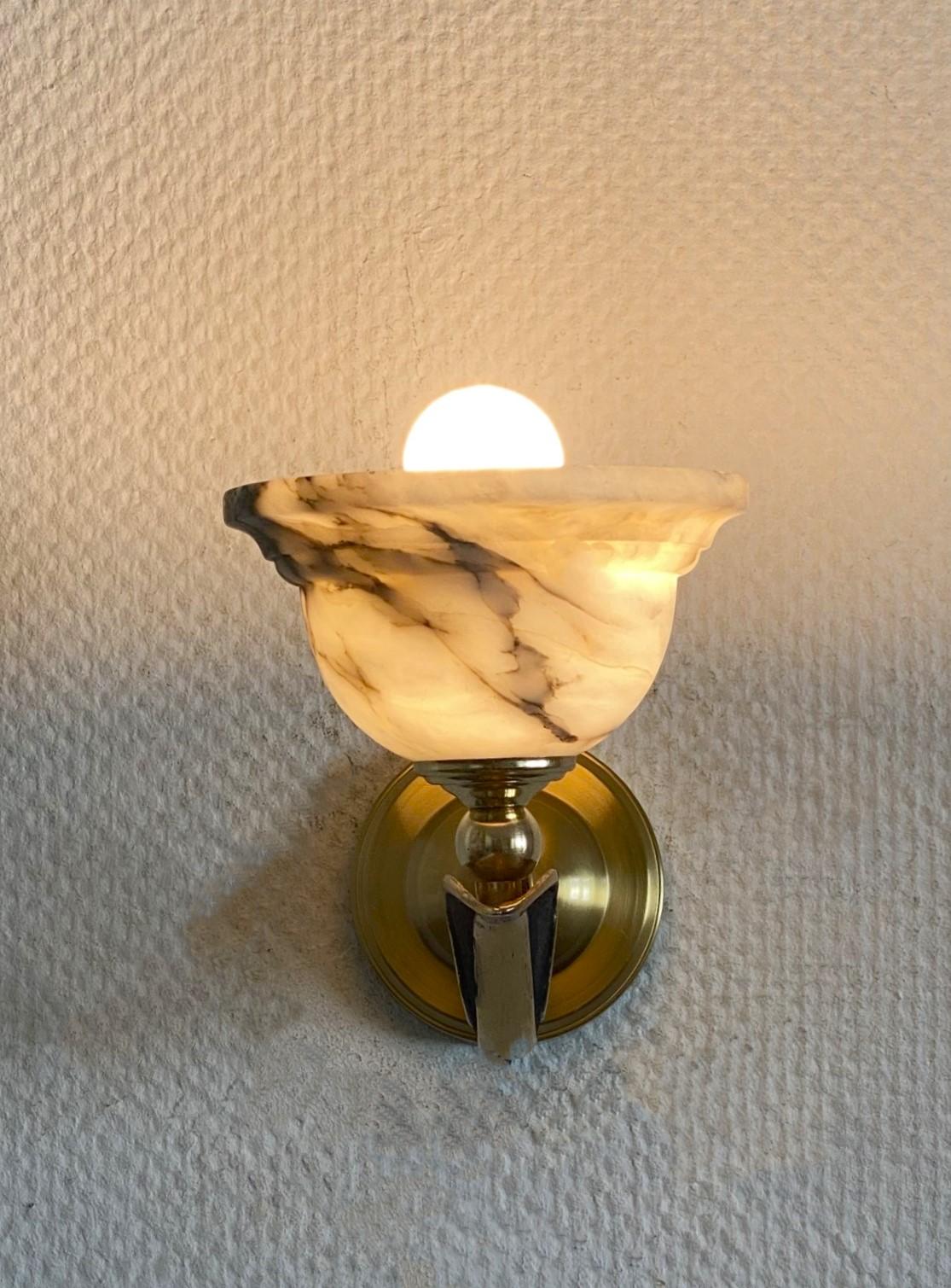 Pair of French Art Deco White Alabaster Brass Wall Sconces, 1930s For Sale 8