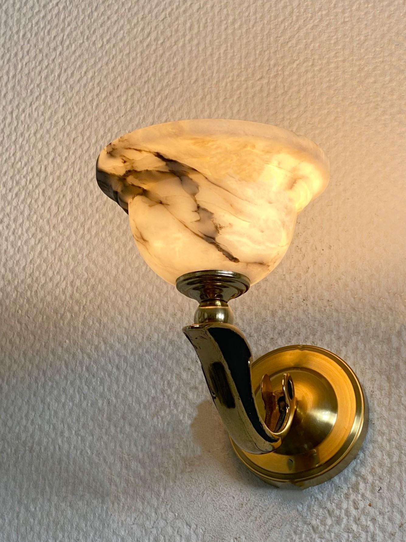 Pair of French Art Deco Alabaster Brass Wall Sconces, 1930s 9