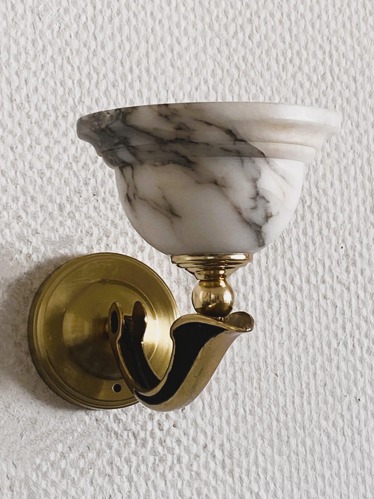 Pair of French Art Deco Alabaster Brass Wall Sconces, 1930s For Sale 2