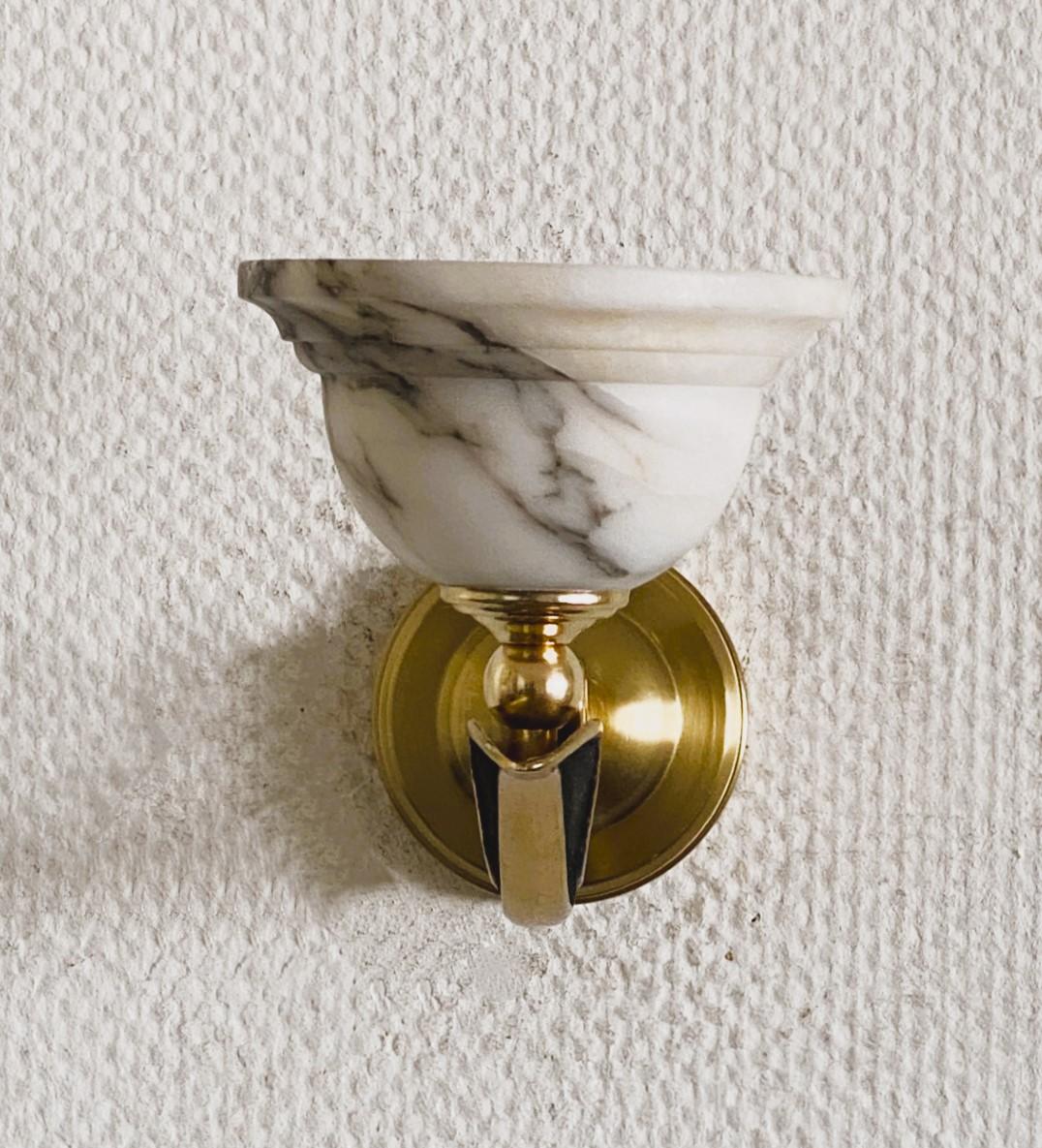 Pair of French Art Deco White Alabaster Brass Wall Sconces, 1930s For Sale 3