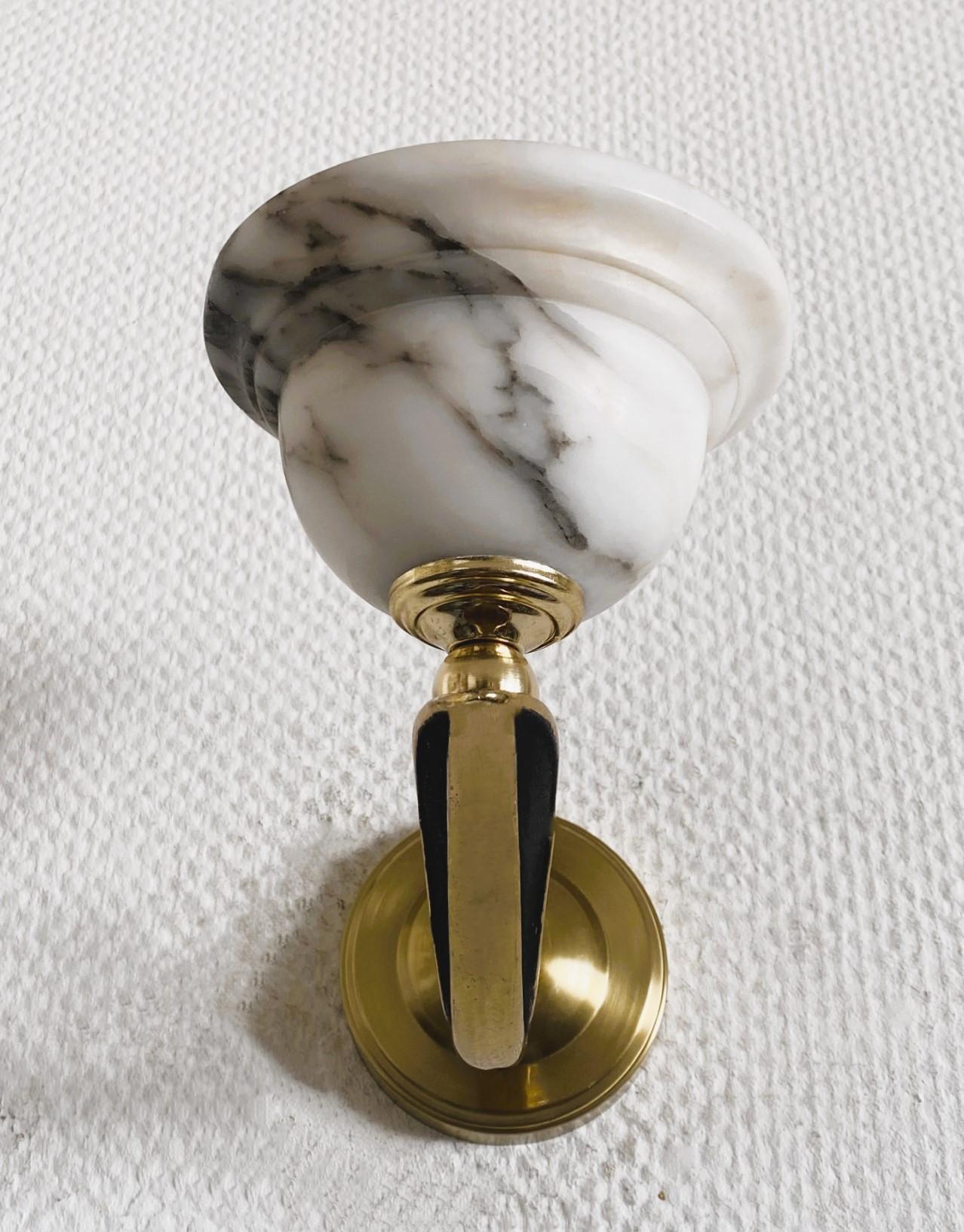 Pair of French Art Deco Alabaster Brass Wall Sconces, 1930s 4