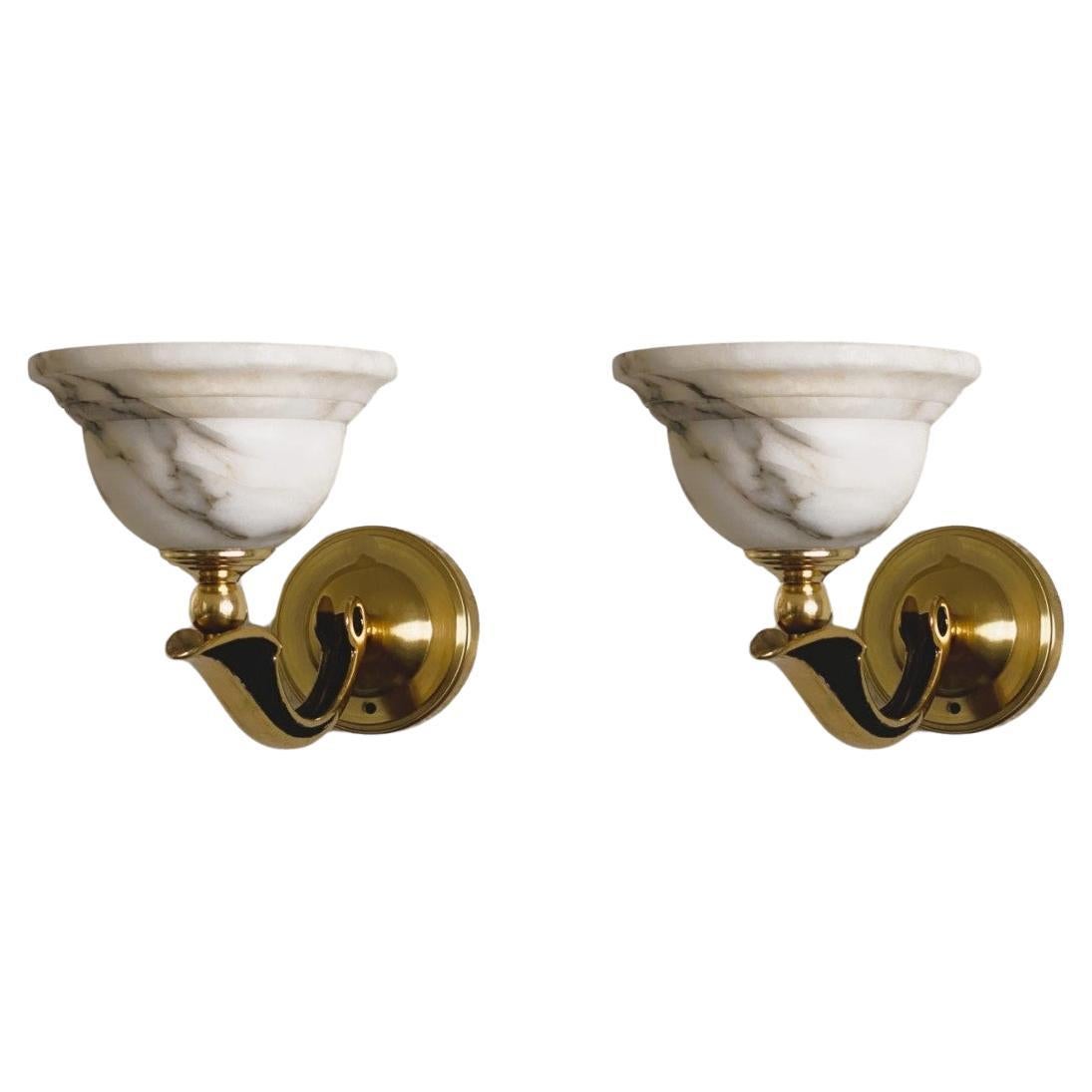 Pair of French Art Deco White Alabaster Brass Wall Sconces, 1930s For Sale