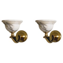 Vintage Pair of French Art Deco White Alabaster Brass Wall Sconces, 1930s