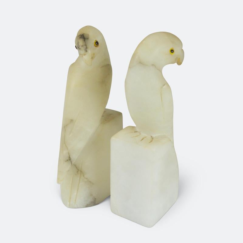 Pair of French Art Deco White Alabaster Parakeets 8