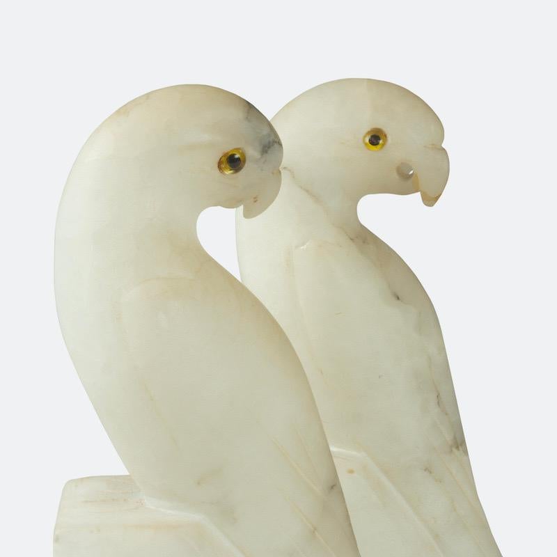 Pair of French Art Deco White Alabaster Parakeets 11