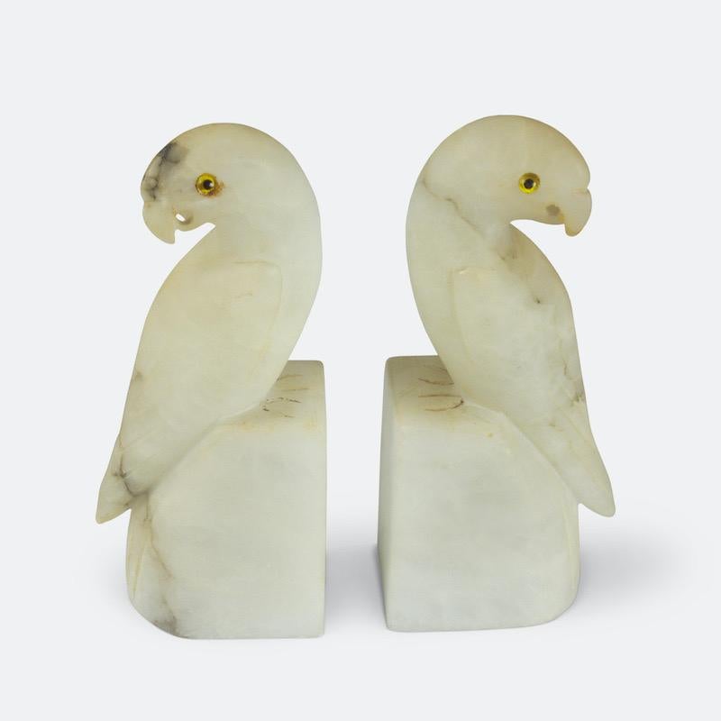 Pair of French Art Deco White Alabaster Parakeets 9