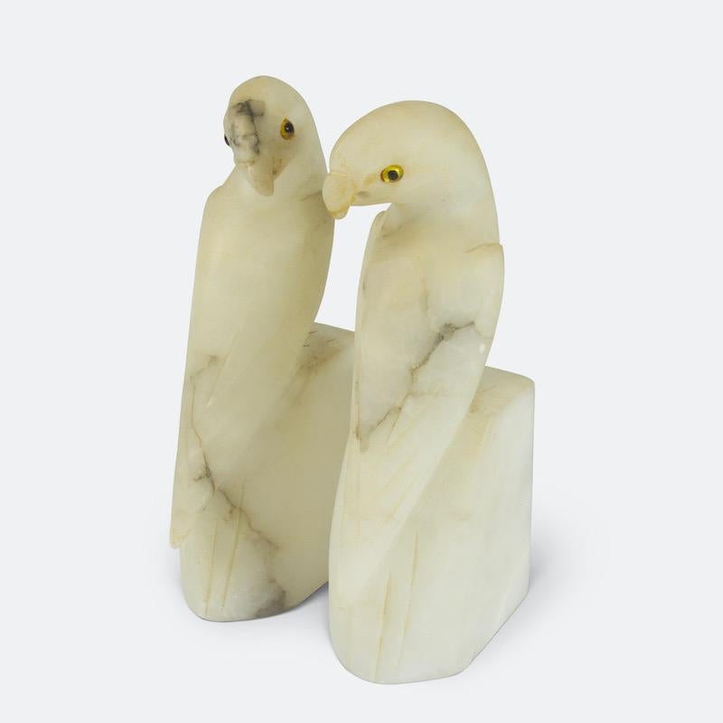 Pair of French Art Deco White Alabaster Parakeets 12