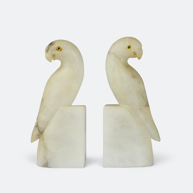 Hand-Carved Pair of French Art Deco White Alabaster Parakeets
