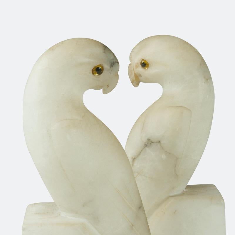 Mid-20th Century Pair of French Art Deco White Alabaster Parakeets