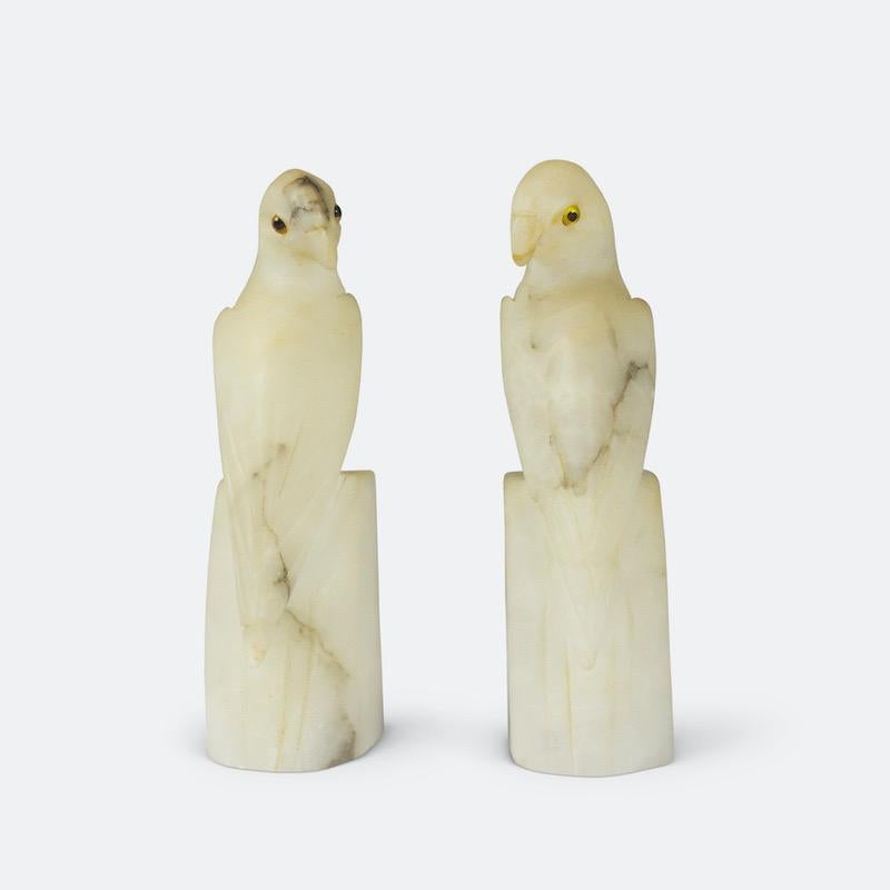 Pair of French Art Deco White Alabaster Parakeets 1