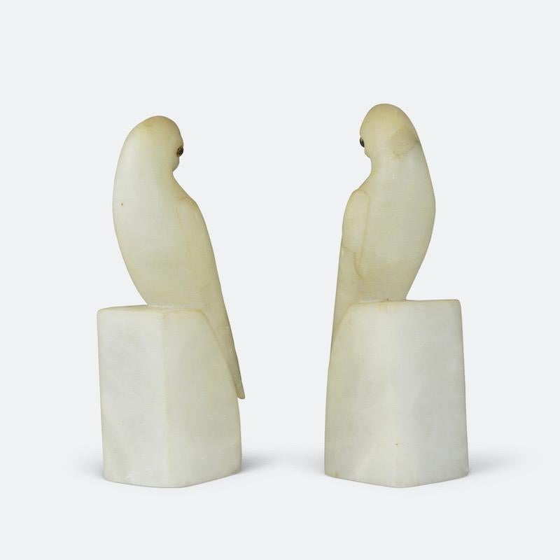 Pair of French Art Deco White Alabaster Parakeets 2