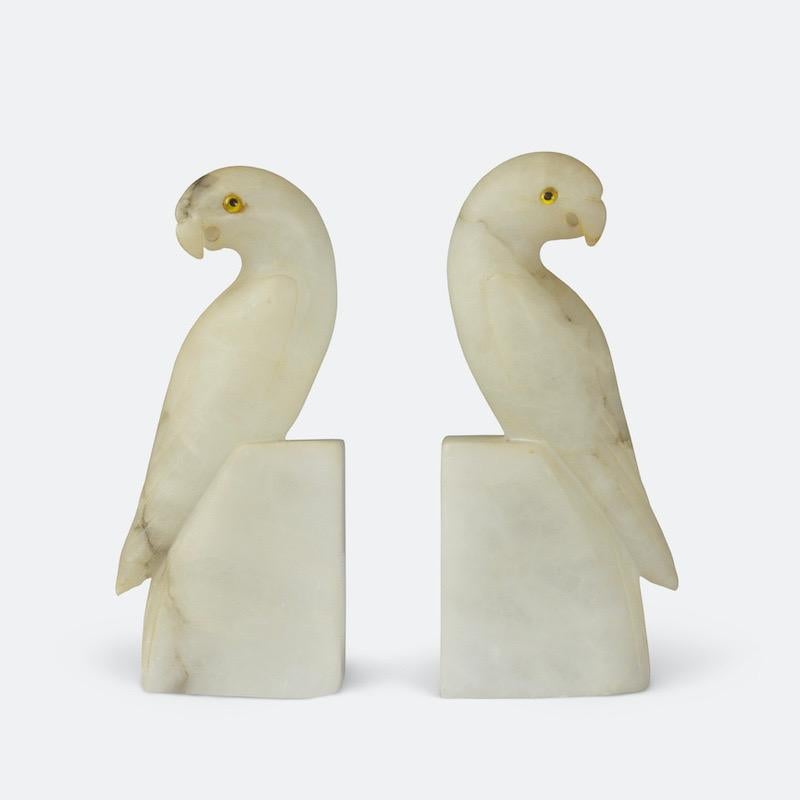 Pair of French Art Deco White Alabaster Parakeets 10