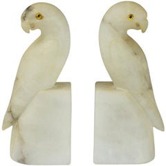 Pair of French Art Deco White Alabaster Parakeets