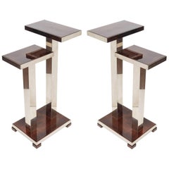 Pair of French Art Deco Wood and Nickeled Bronze Tables Attributed to A. Ducaroy