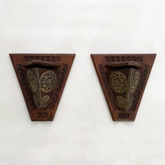 Pair of French Art Deco Wood Sconces with Brass Detail