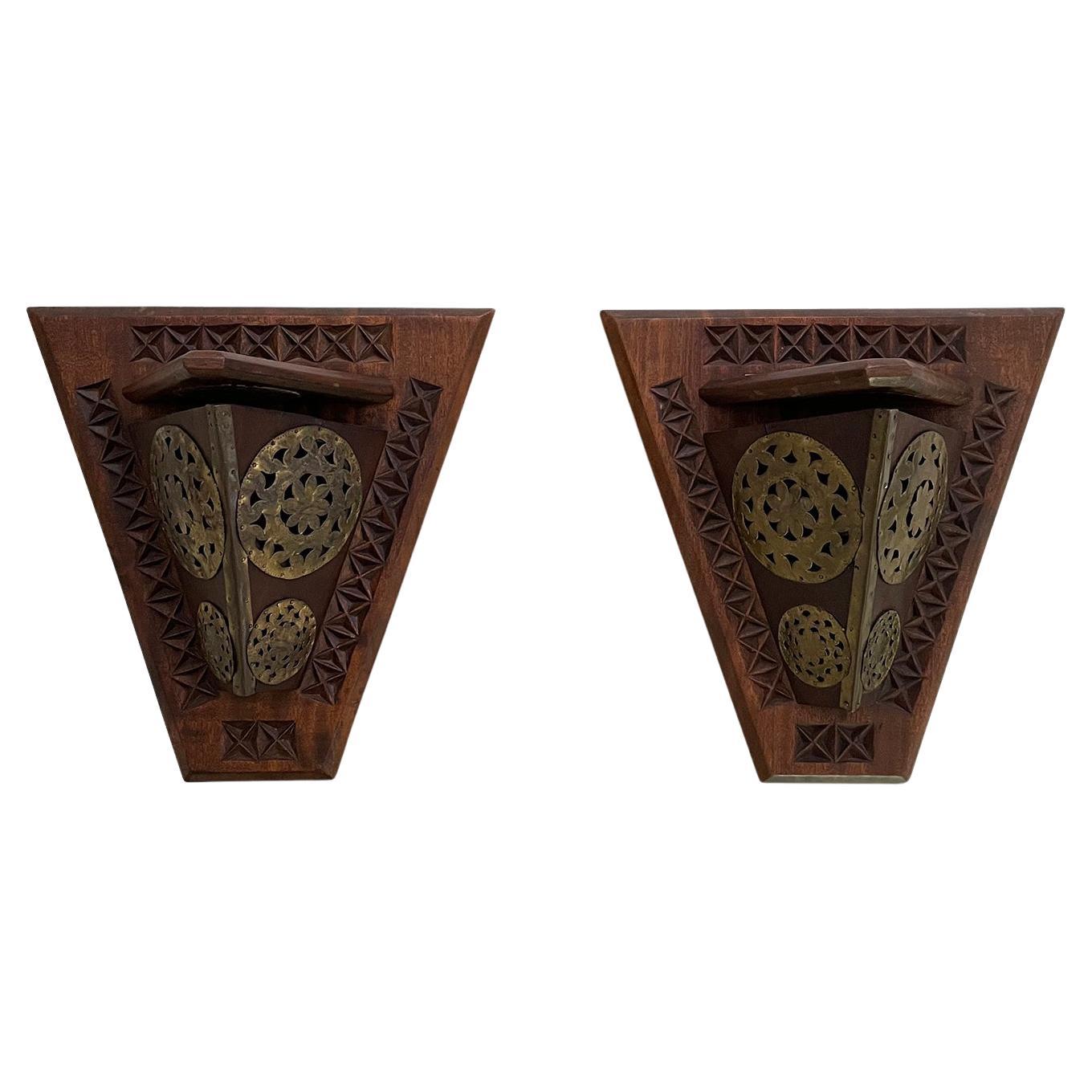 Pair of French Art Deco Wood Sconces with Brass Detail For Sale