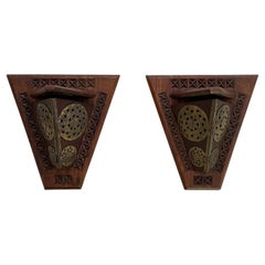 Pair of French Art Deco Wood Sconces with Brass Detail