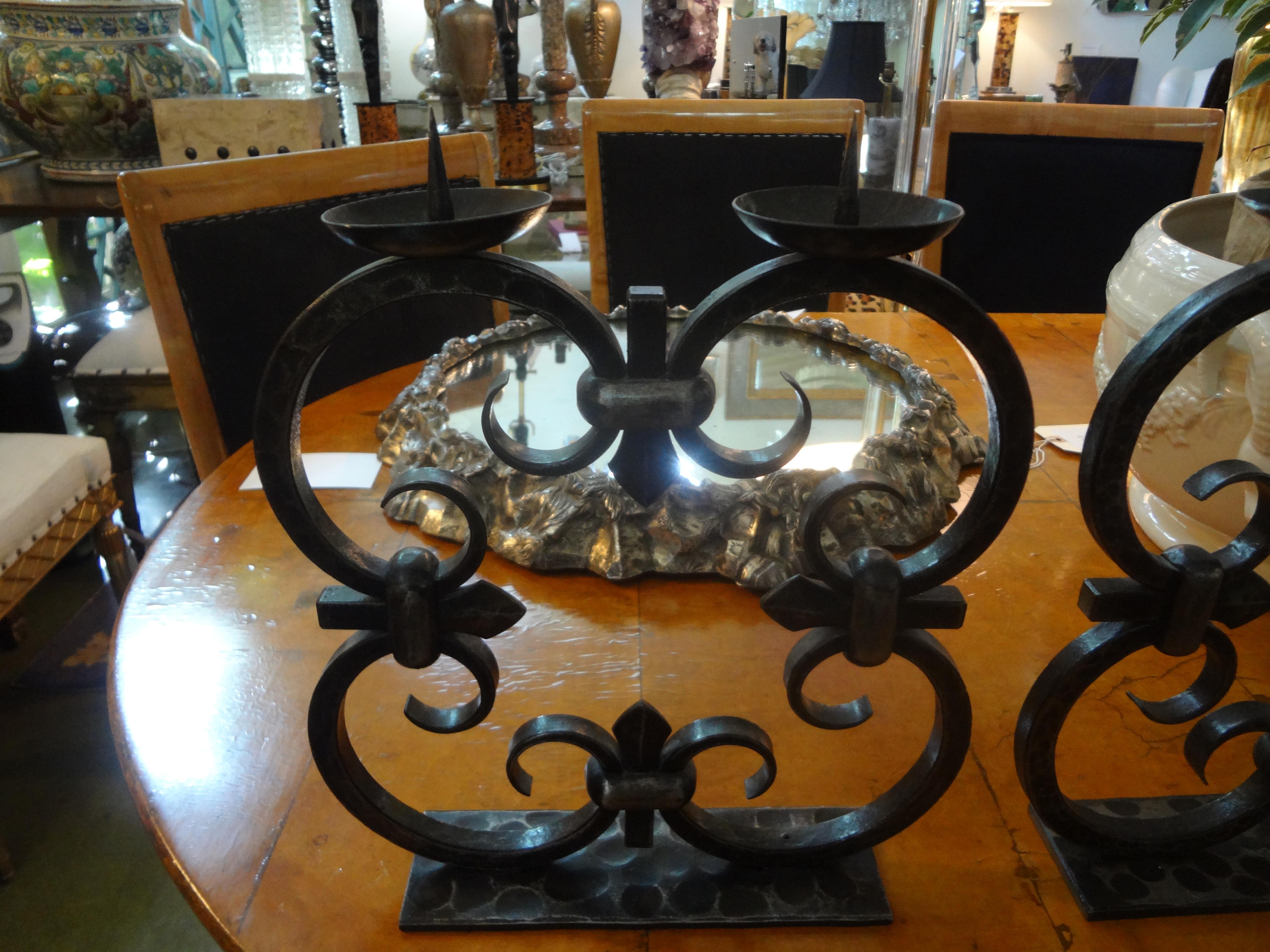 Pair of French Art Deco Wrought Iron Candleholders by Michel Zadounaisky In Good Condition For Sale In Houston, TX