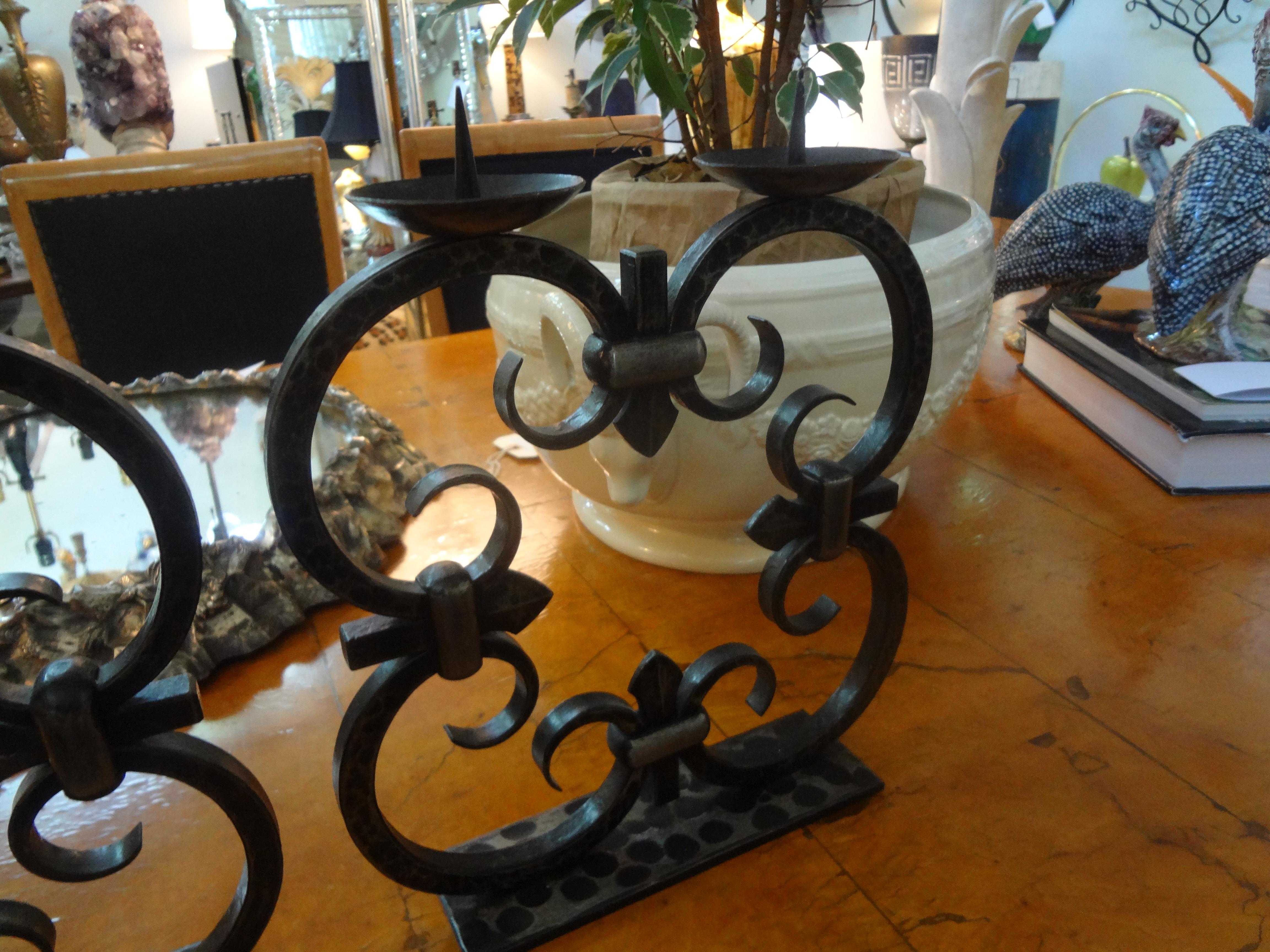 Mid-20th Century Pair of French Art Deco Wrought Iron Candleholders by Michel Zadounaisky For Sale
