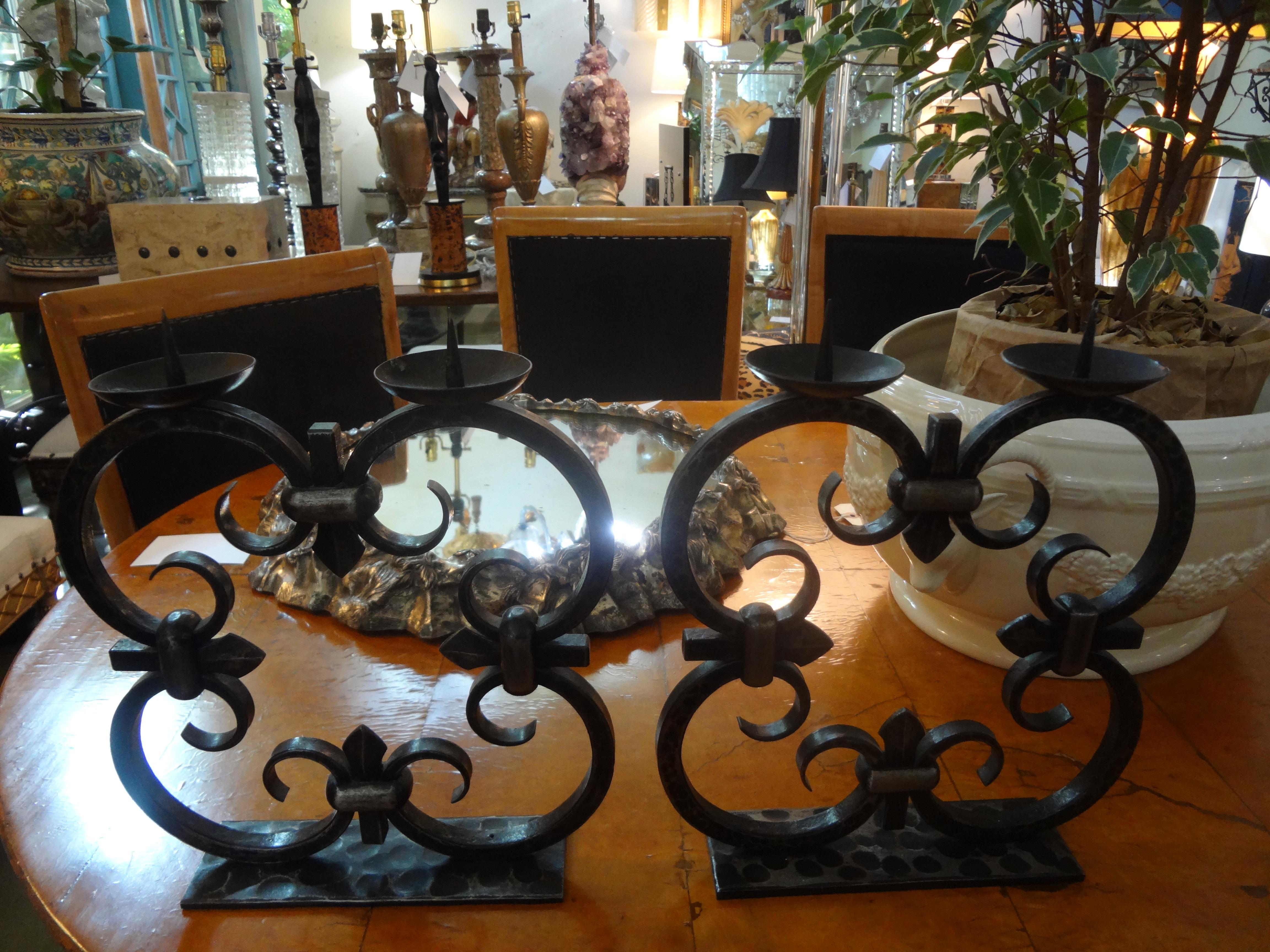 Pair of French Art Deco Wrought Iron Candleholders by Michel Zadounaisky For Sale 1