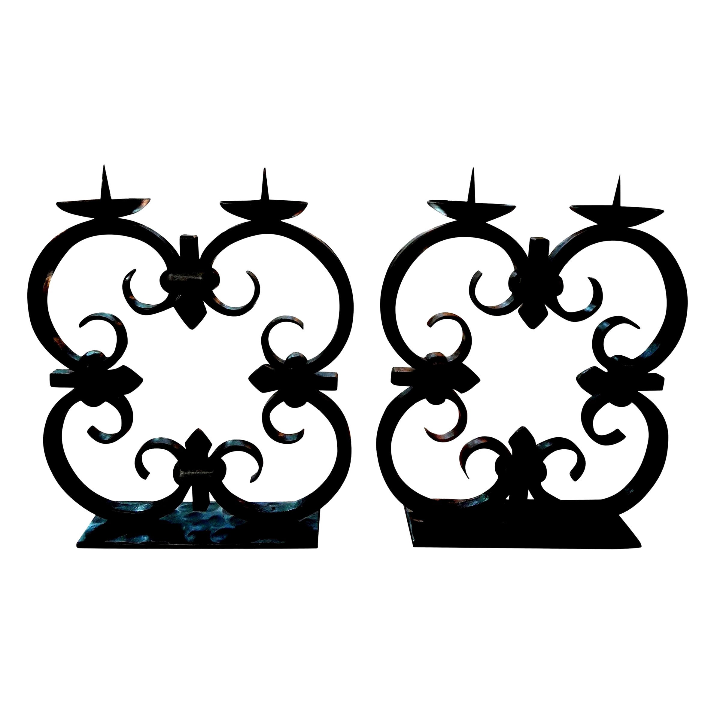 Pair of French Art Deco Wrought Iron Candleholders by Michel Zadounaisky For Sale