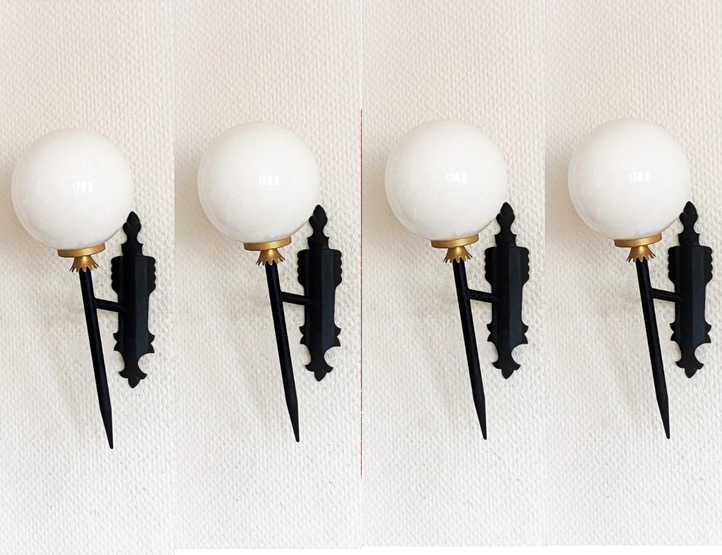Pair of French Art Deco Wrought Iron Opaline Glass Wall Sconces, 1950s 1
