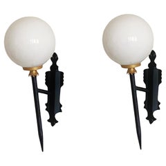Pair of French Art Deco Wrought Iron Opaline Glass Wall Sconces, 1950s