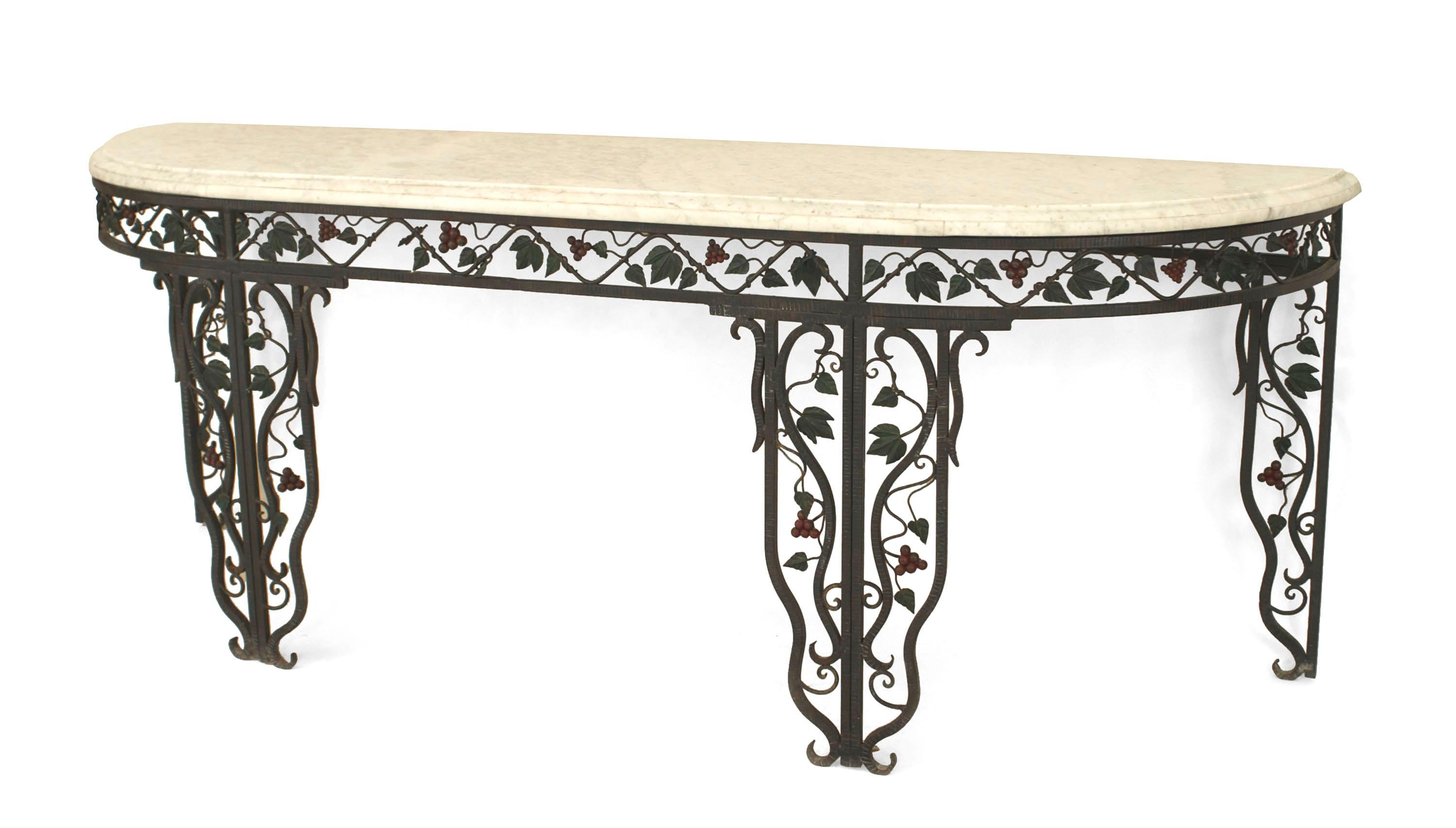 20th Century Pair of French Art Moderne Iron and Marble Console Tables For Sale