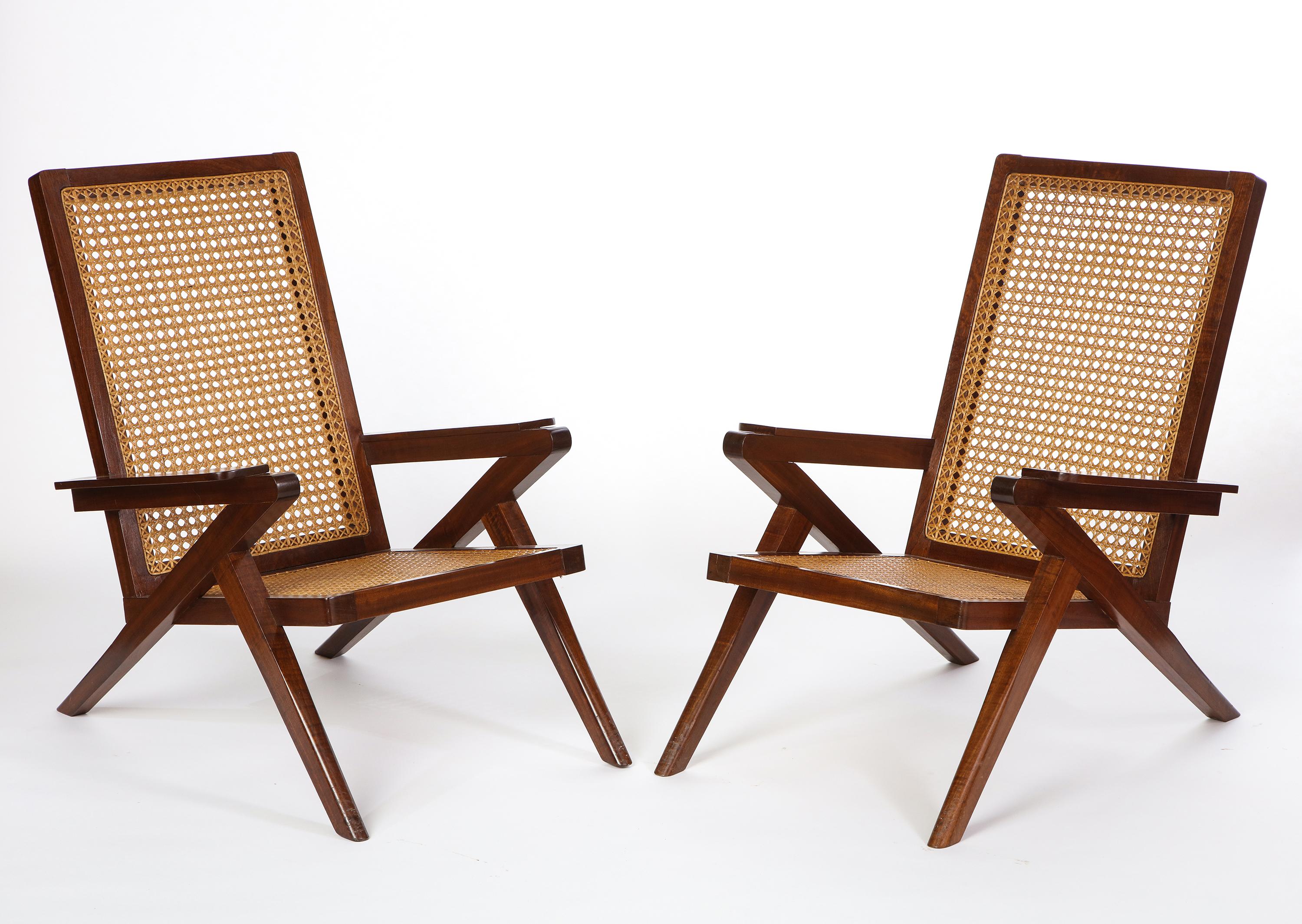 Pair of French 'Art Moderne' Mahogany and Caned Armchairs, 20th Century 10