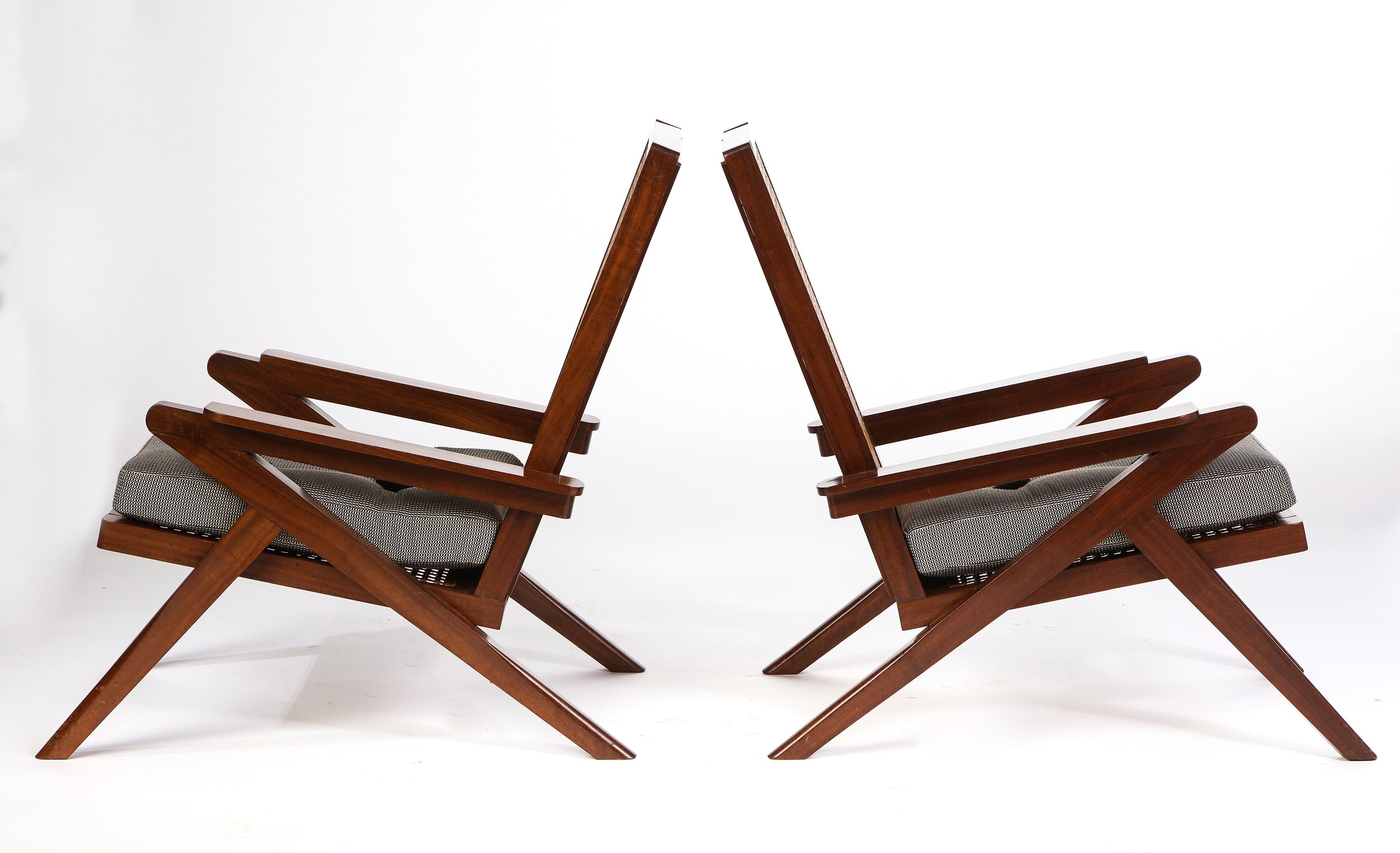 Streamlined Moderne Pair of French 'Art Moderne' Mahogany and Caned Armchairs, 20th Century