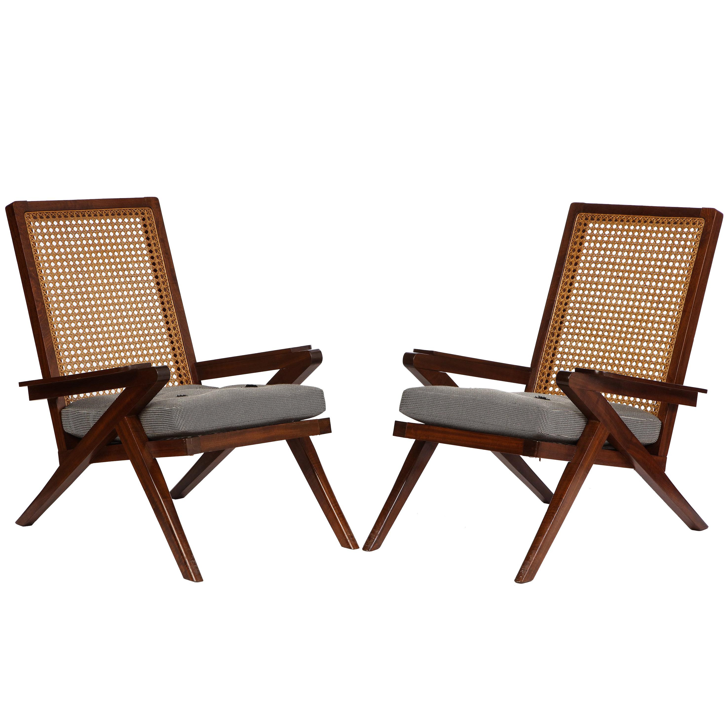 Pair of French 'Art Moderne' Mahogany and Caned Armchairs, 20th Century