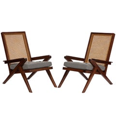 Pair of French 'Art Moderne' Mahogany and Caned Armchairs, 20th Century