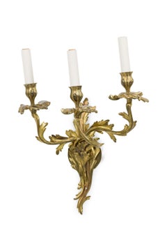 Pair of French Art Nouveau 3 Armed Brass Wall Sconces