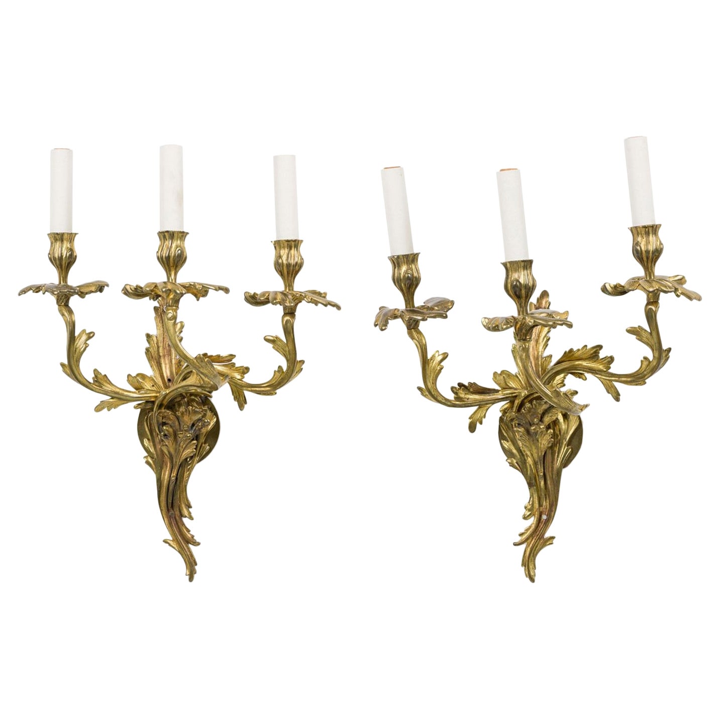 Pair of French Art Nouveau 3 Armed Brass Wall Sconces