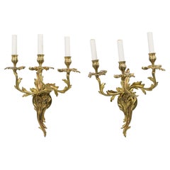 Pair of French Art Nouveau 3 Armed Brass Wall Sconces