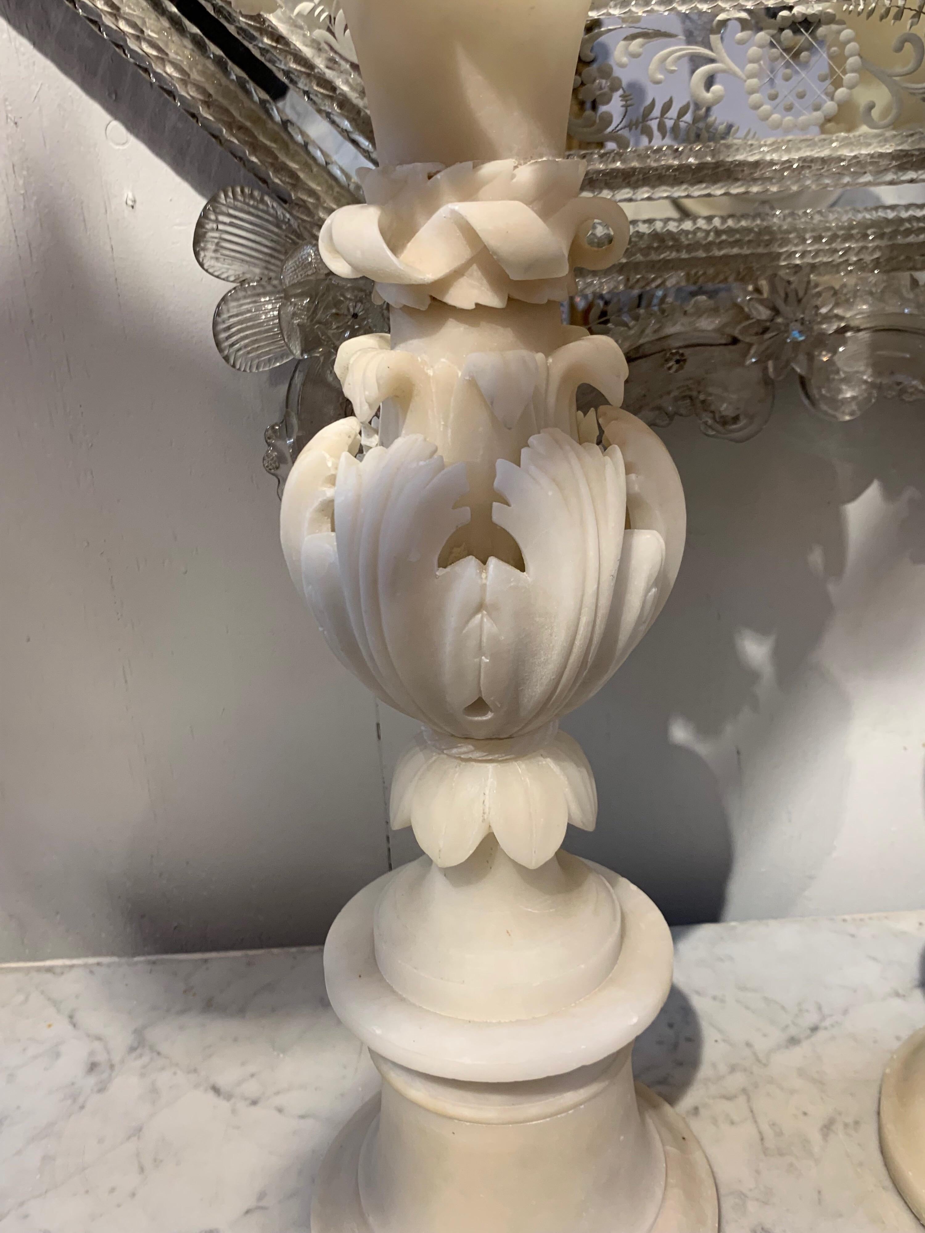 Exquisite pair of French Art Nouveau Alabaster vases. Very nice scale and shape on these. A beautiful accessory for a fine home.