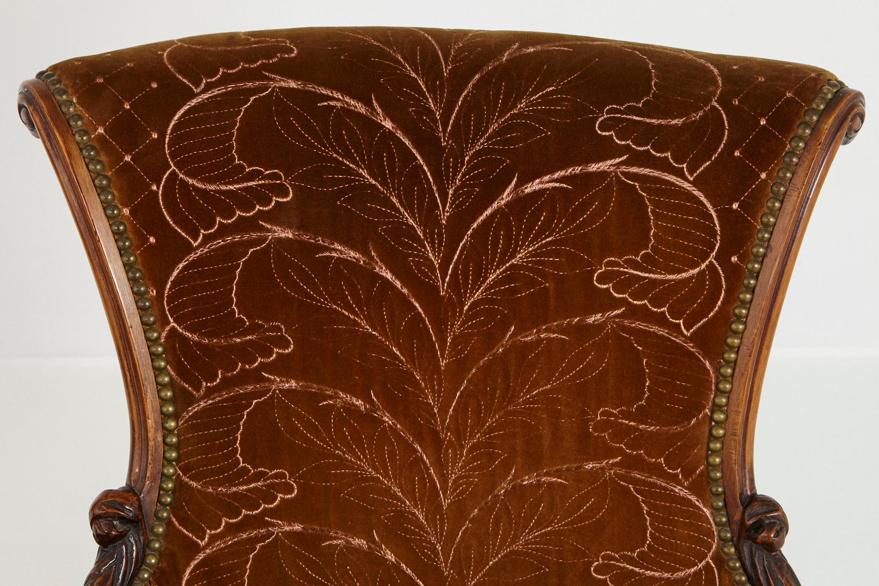 Pair of French Art Nouveau Armchairs, Two-Tone Cognac Colored Embroidered Velvet 6