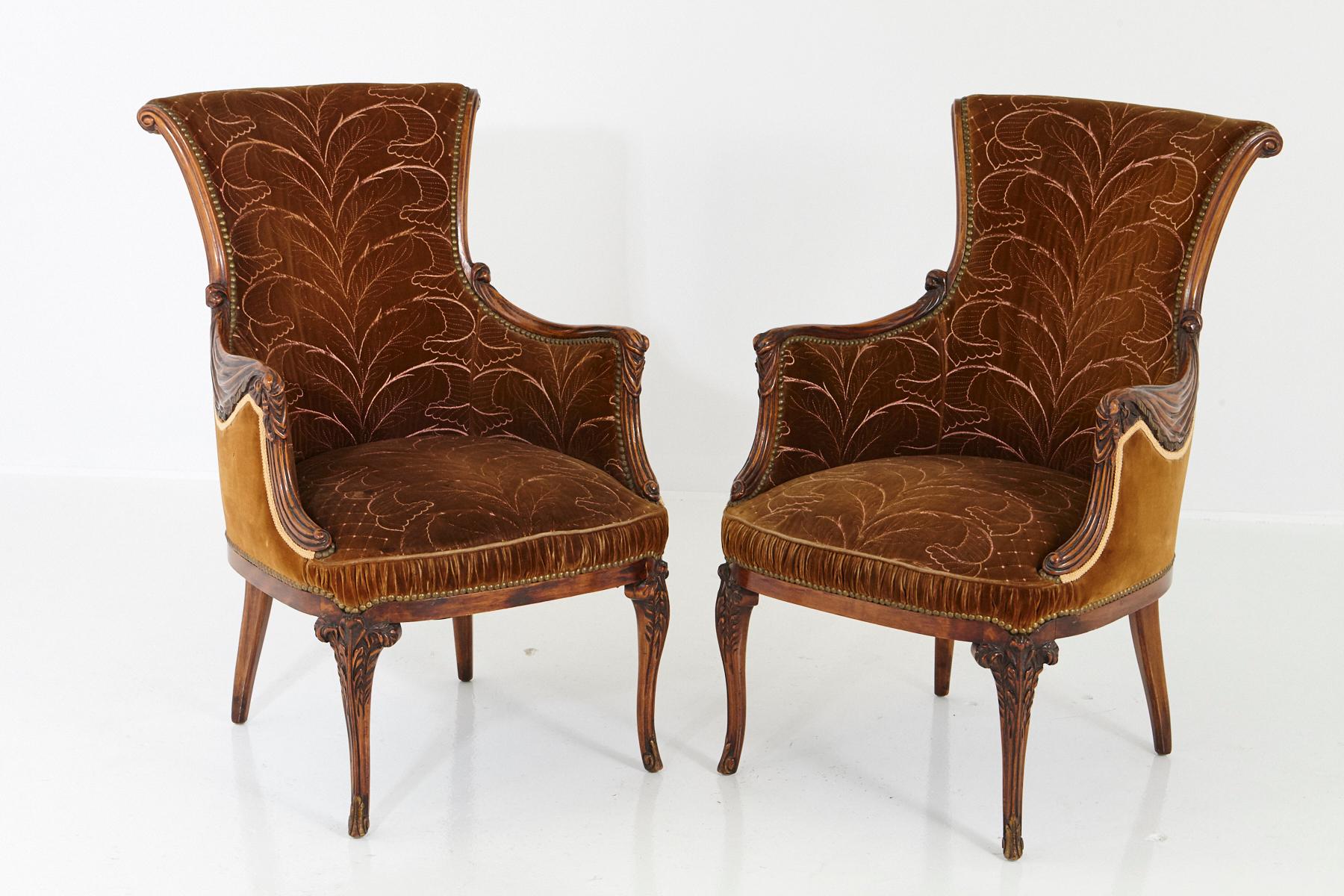 Pair of French Art Nouveau Armchairs, Two-Tone Cognac Colored Embroidered Velvet 10